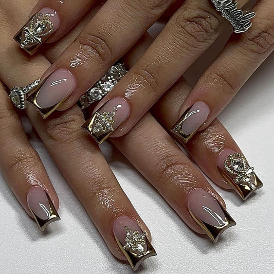 Glamorous Royal Essence Medium Square Beige and Gold Press On Nail Set with Stunning Rhinestone Accents