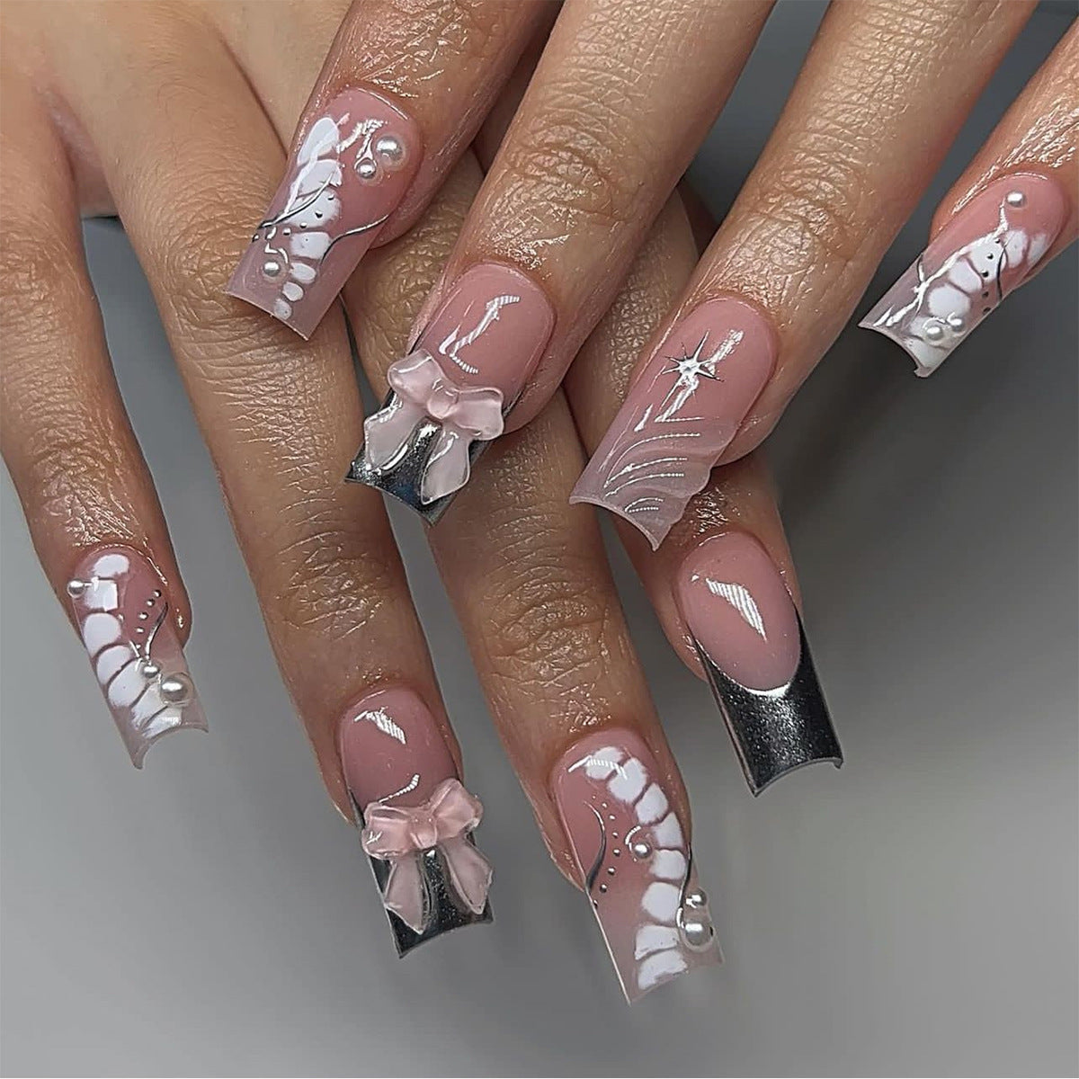 Elegant Romance Long Square Press On Nail Set in Soft Pink with Metallic Accents and Charming Bow Details