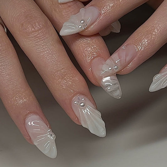 Whimsical Elegance Long Almond White Press On Nail Set with Pearly Floral Accents