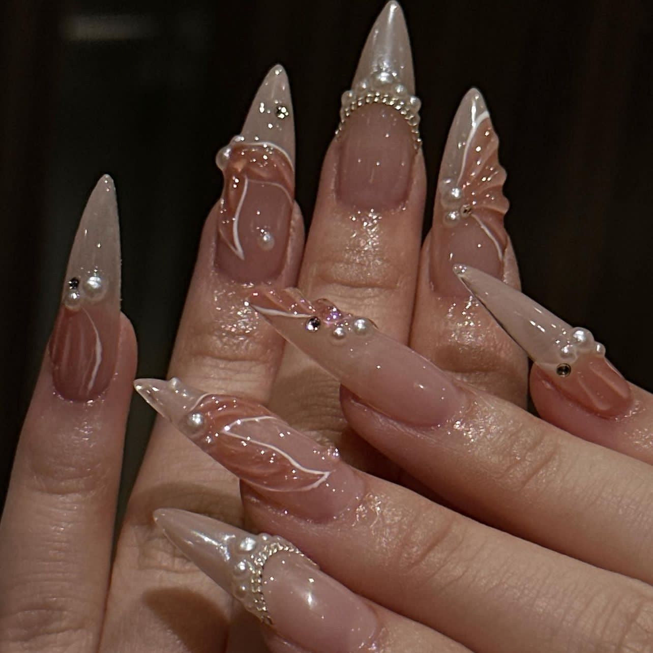 Mermaid Dreams Long Stiletto Press On Nail Set in Soft Pink with Pearl Accents and Elegant Swirl Design