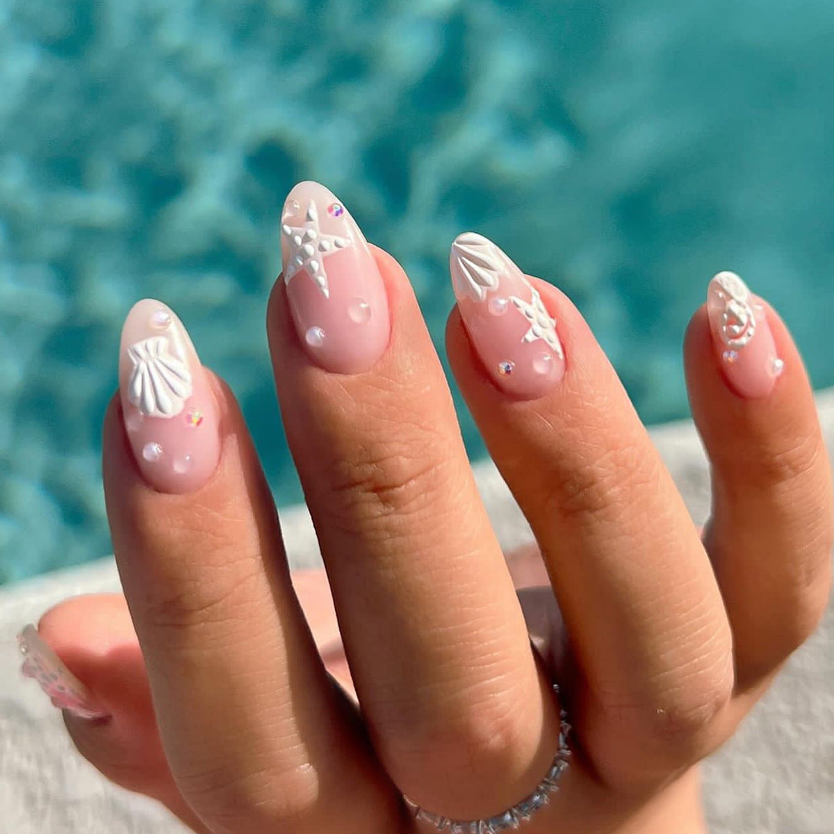 Beach Bliss Long Almond Pink Press On Nail Set with White Seashell and Starfish Designs