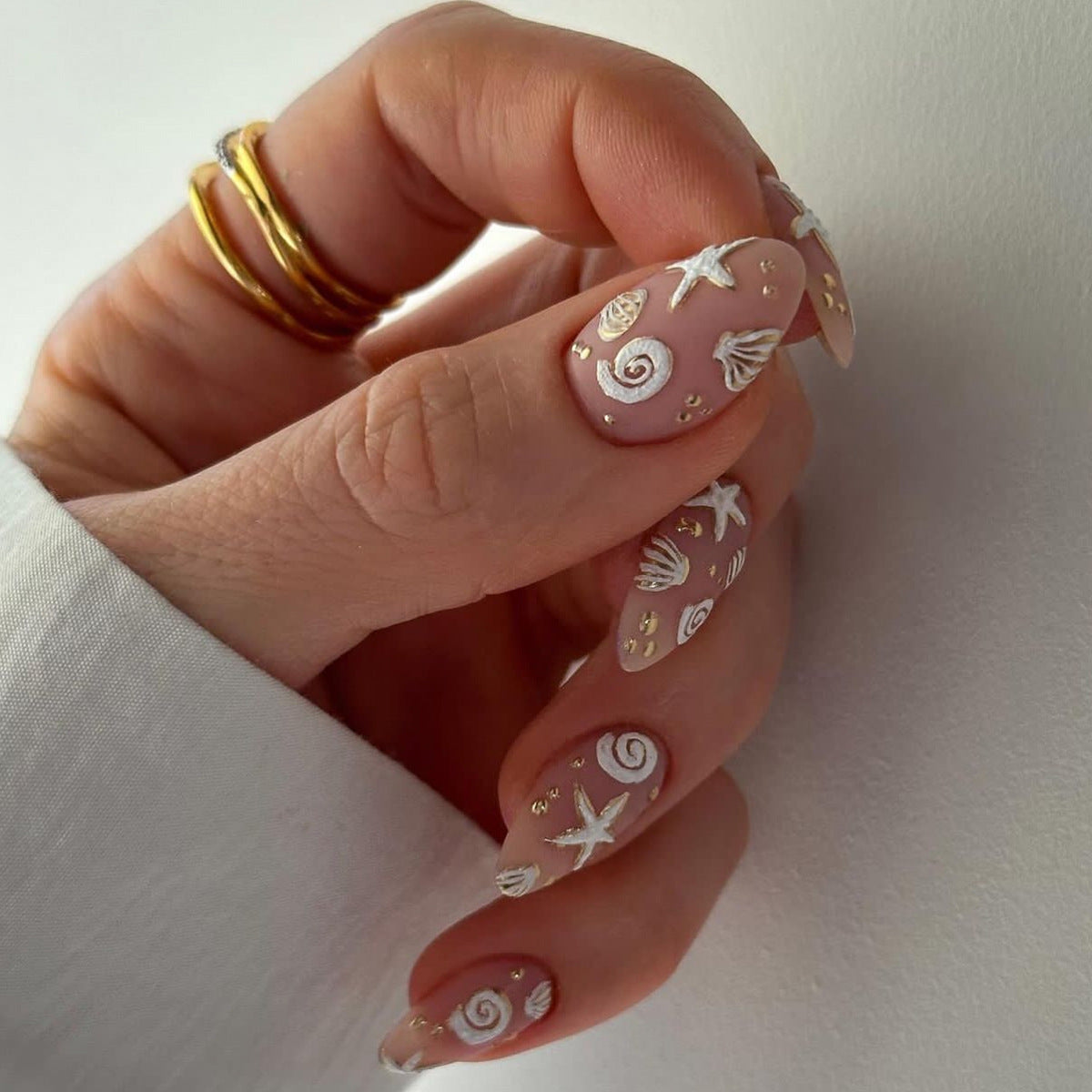 Beach Escape Long Almond Pink Press On Nail Set with Seashell and Starfish Design