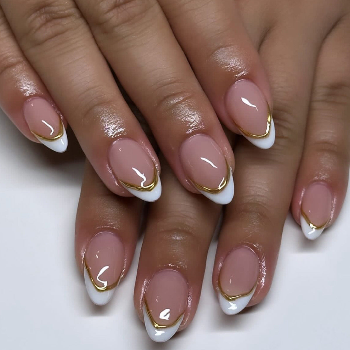 Elegant French Tip Press On Nail Set Long Almond Shape Blush Pink White and Gold Accent Glamour