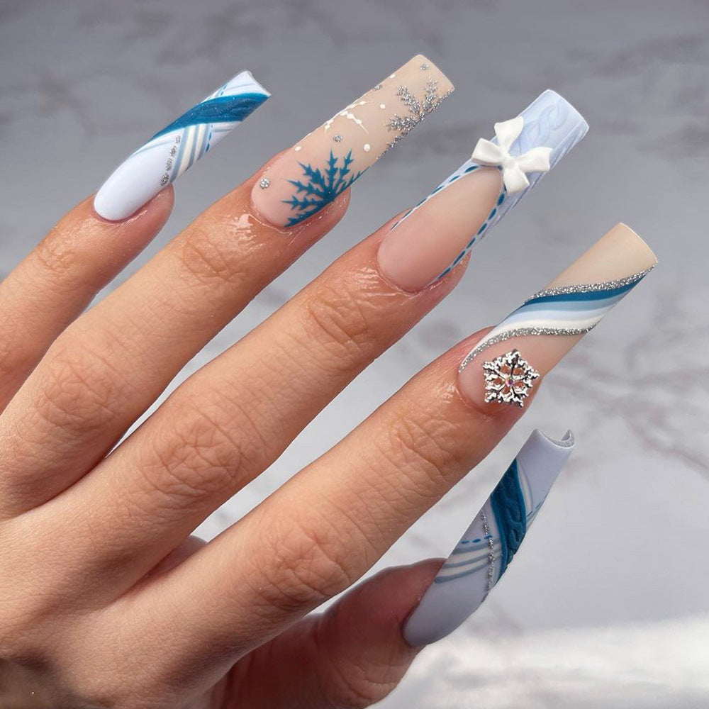 Winter Wonderland Long Square Press On Nail Set in Frosty Blue and White with Snowflake Designs and Glitter Accents