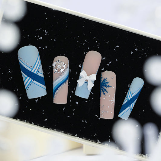 Winter Wonderland Long Square Blue and Beige Press On Nail Set with Snowflake and Bow Accents