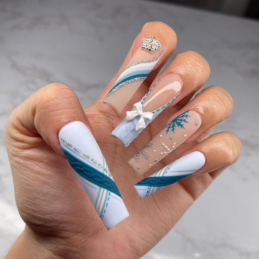 Winter Wonderland Long Square Press On Nail Set White and Blue with Crystal Embellishments