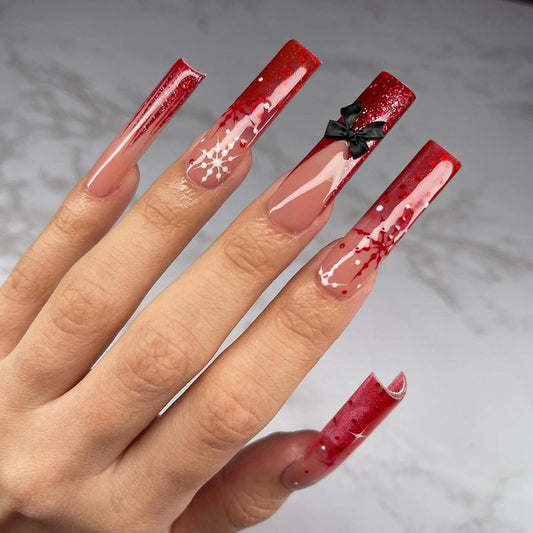 Festive Red Long Square Press On Nail Set with Glitter Gradient and Charming Bow Detail