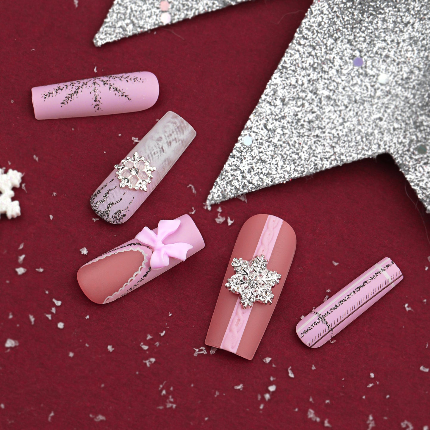 Winter Wonderland Long Square Pink and Gray Press On Nail Set with Snowflake Charm and Bow Detail