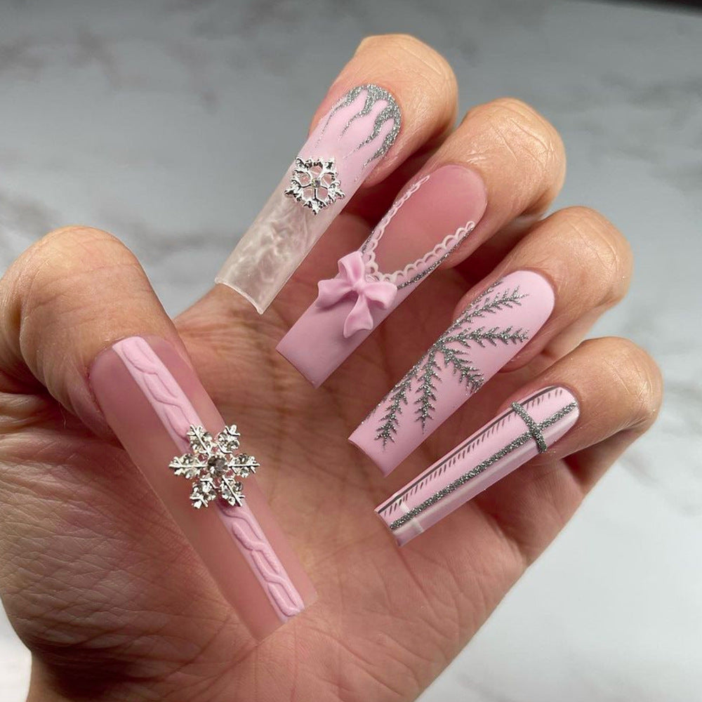 Winter Wonderland Extra Long Square Pink Press On Nail Set with Glitter Accents and Charming Bow Details