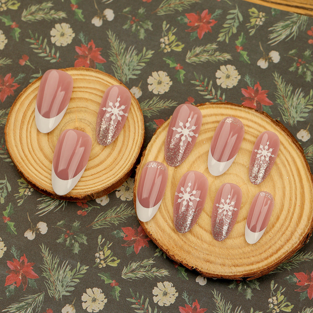 Winter Wonderland Almond Shaped Press On Nail Set Long Pink and White with Snowflake and Glitter Accents