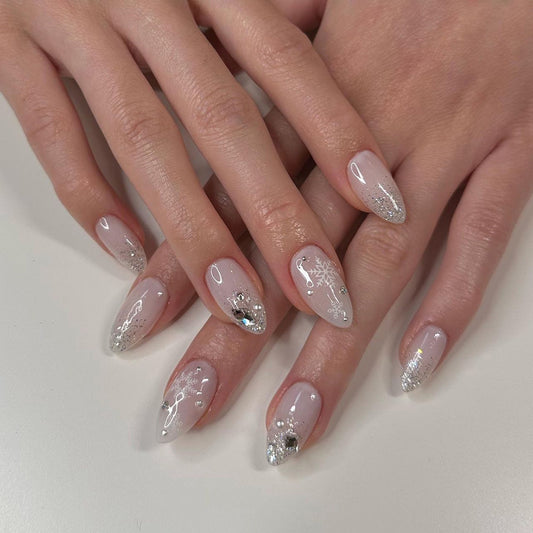 Winter Wonderland Almond Press on Long Nails Long Sparkling Silver and Clear Design