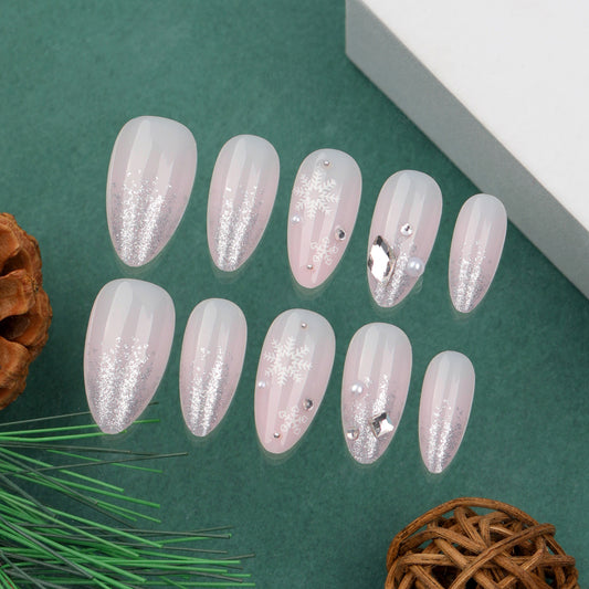 Winter Wonderland 10 Long Almond Pink Glitter Press On Nail Set with Snowflake and Gemstone Accents