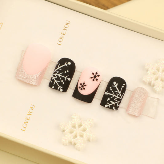 Winter Wonderland Long Coffin Pink and Black Snowflake Press On Nail Set with Glitter Accent