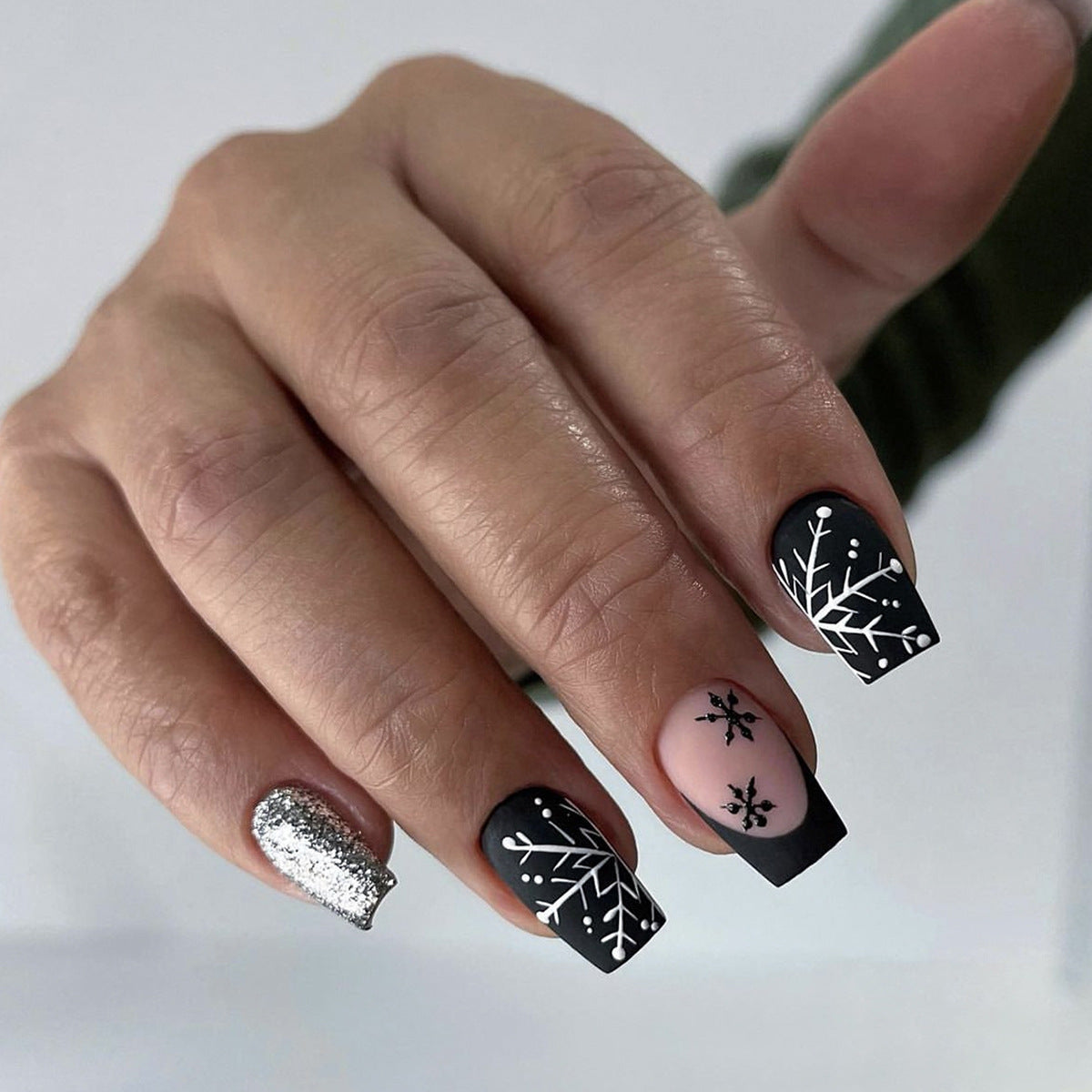 Winter Wonderland Long Coffin Black and Pink Press On Nail Set with Snowflake Design and Sparkling Accent Nail