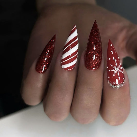 Festive Glam Red Stiletto Press On Nail Set Long Pointed Glitter Candy Cane Stripe Design with Snowflake Accent