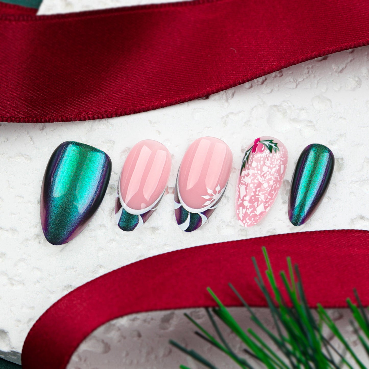 Festive Enchantment Medium Almond Green and Pink Press On Nail Set with Iridescent Finish and Floral Design