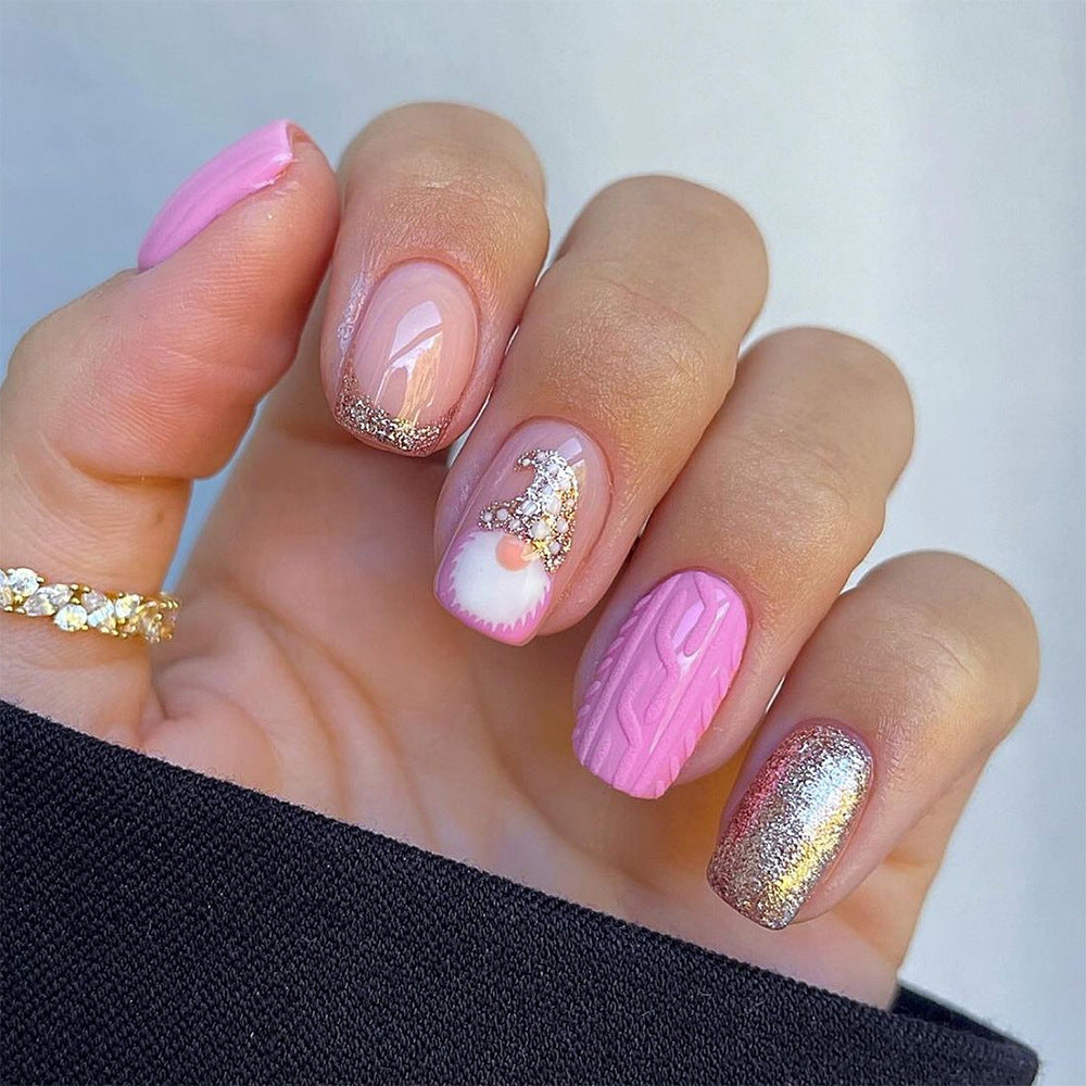 Blossom Delight Short Square Pink Nail Set with Glitter and Textured Design