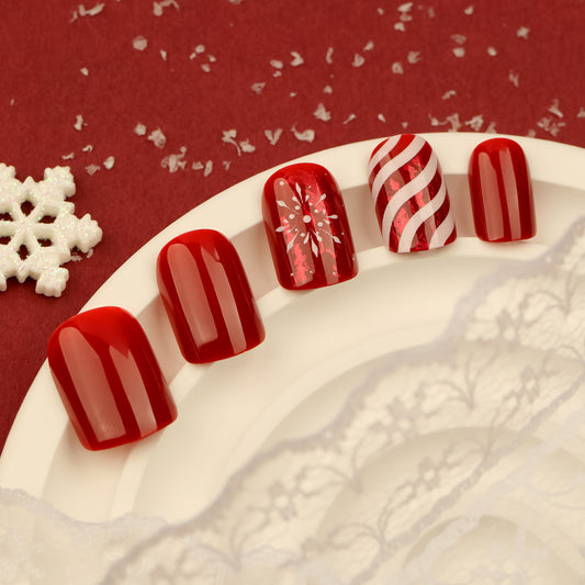 Festive Winter Wonderland Short Round Red Press On Nail Set with Snowflake and Candy Cane Design