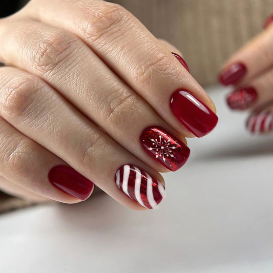 Festive Winter Wonderland Short Round Red Glitter Press On Nail Set with Snowflake and Candy Cane Design