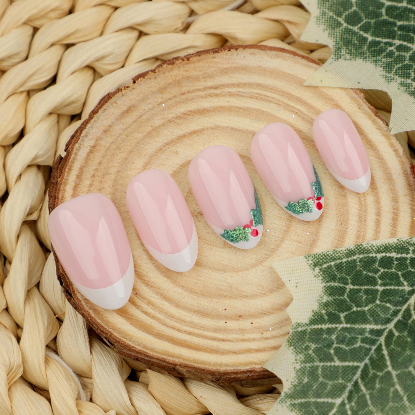 Holly Berry Elegance Medium Almond Pink Press On Nail Set with Festive Greenery Design