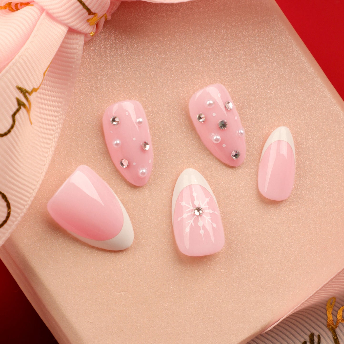 Glamorous Pink Medium Almond Press On Nail Set with Rhinestones and Artistic Design