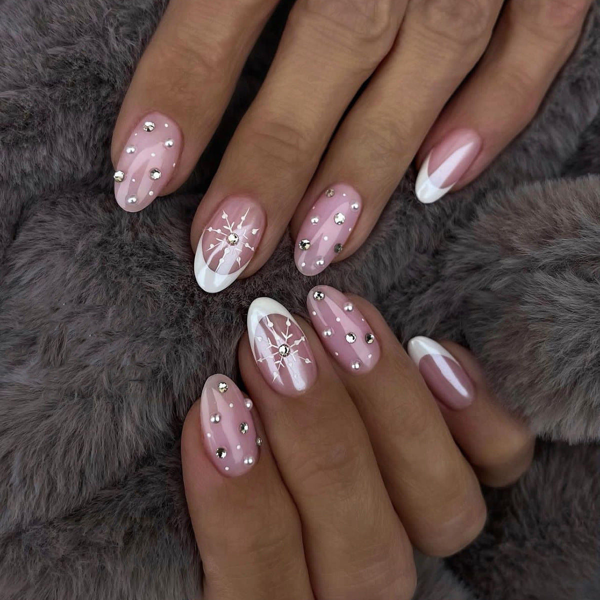 Winter Wonderland Long Almond Pink and White Press On Nail Set with Sparkling Rhinestone Accents