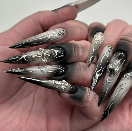 Mystical Charm Long Stiletto Black and Silver Press On Nail Set with Unique Embellishments