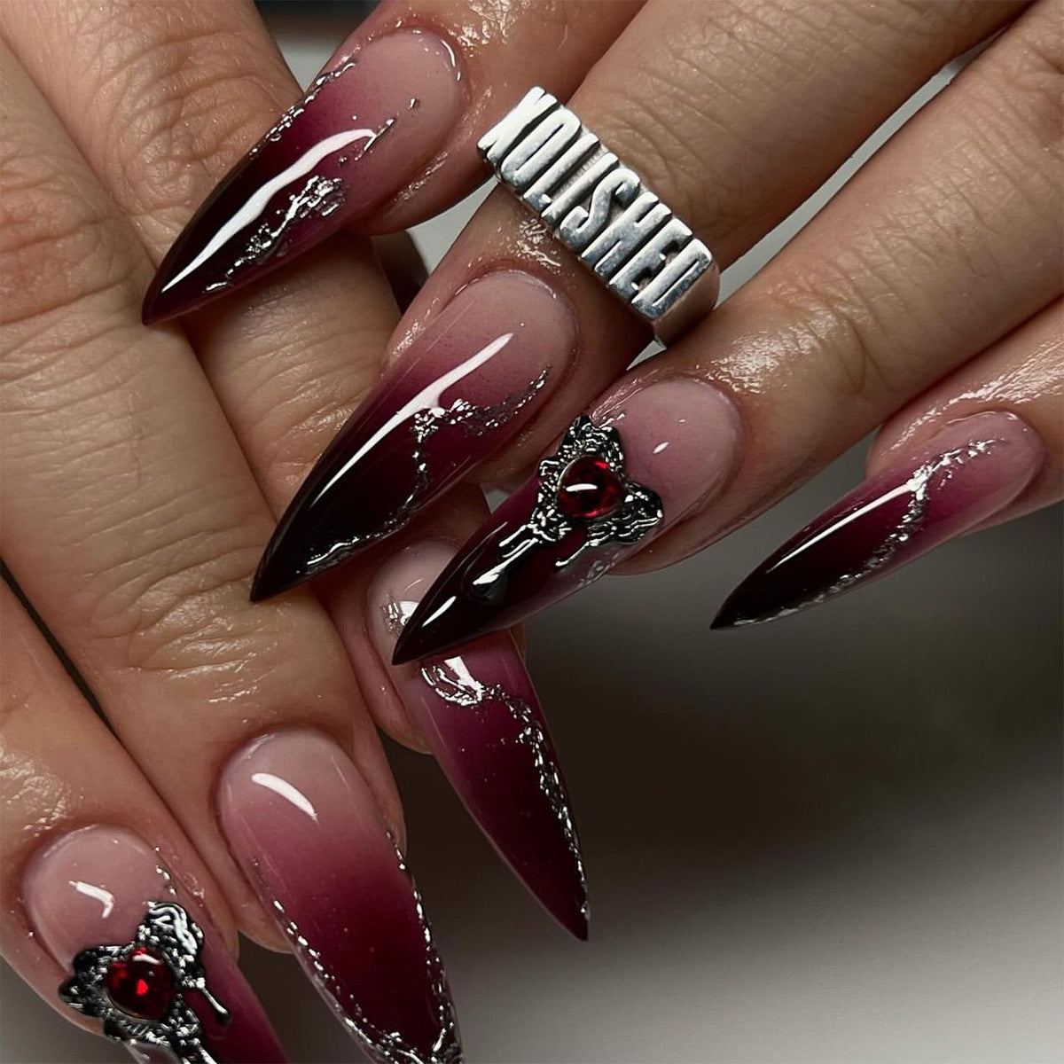 Gothic Elegance Long Stiletto Ombre Burgundy Press On Nail Set with Metallic Accents