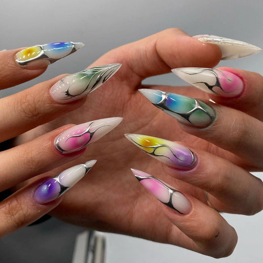 Cosmic Dream Press On Nail Set Long Stiletto Ombre Colorful Marble Design Statement Nails