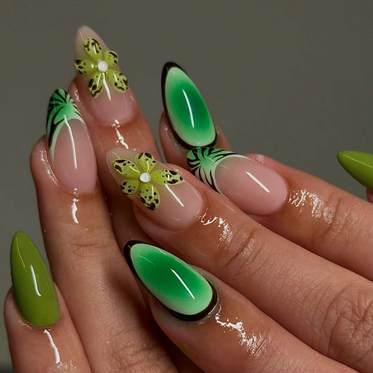 Tropical Paradise Long Almond Press On Nail Set in Vibrant Green with Floral and Leaf Designs