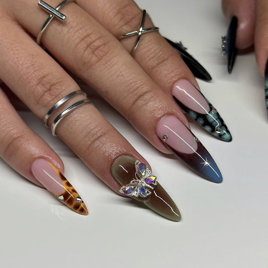 Butterfly Fantasy Long Stiletto Press On Nails Colorful Gradient with Glitter and Unique Butterfly Accent