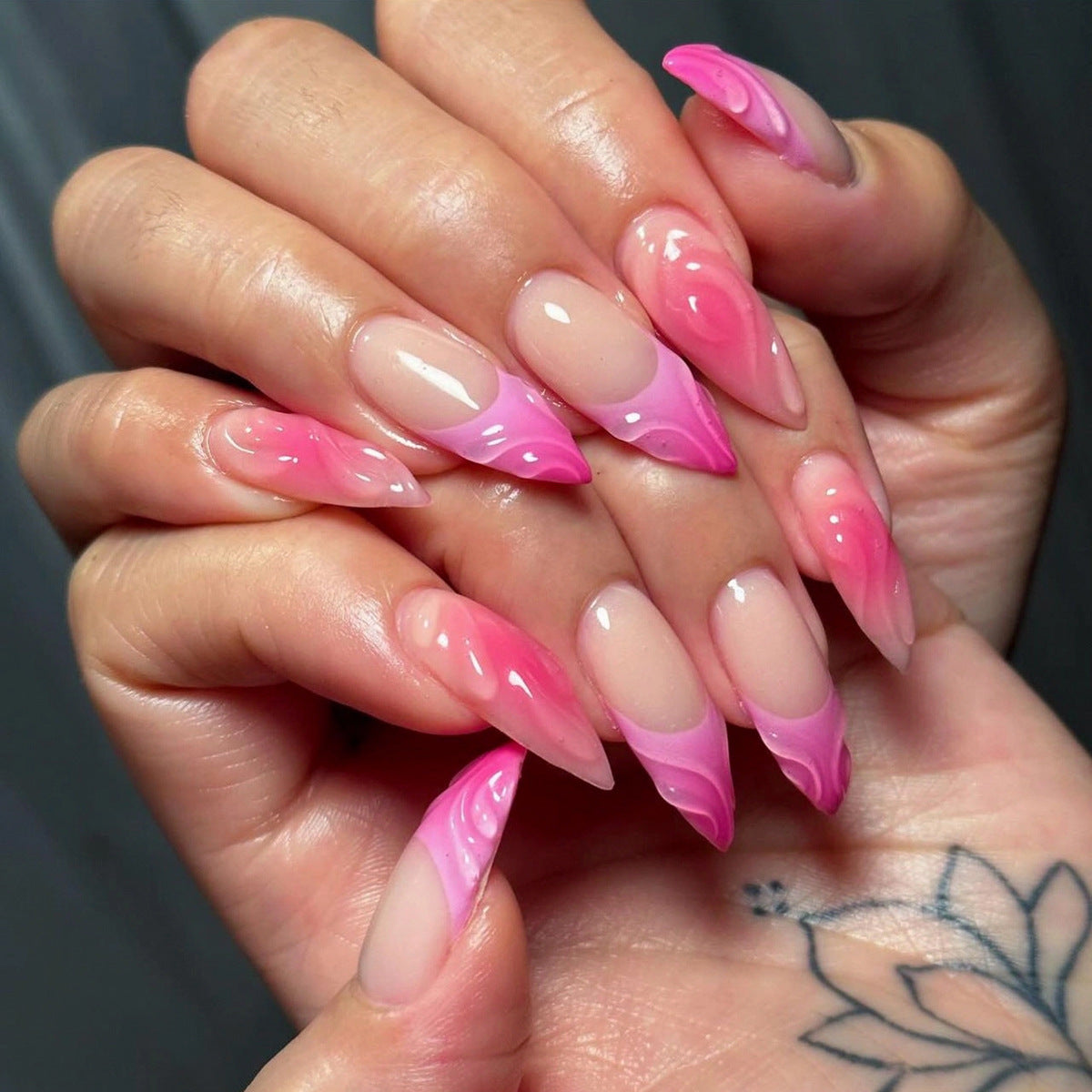 Dreamy Pink Swirl Long Stiletto Press On Nails with Ombre Finish and Unique Marble Design