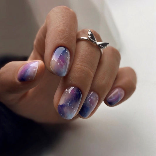 Galaxy Dream Press On Nail Set Medium Length Oval Shape Purple Ombre Effect with Starry Accents