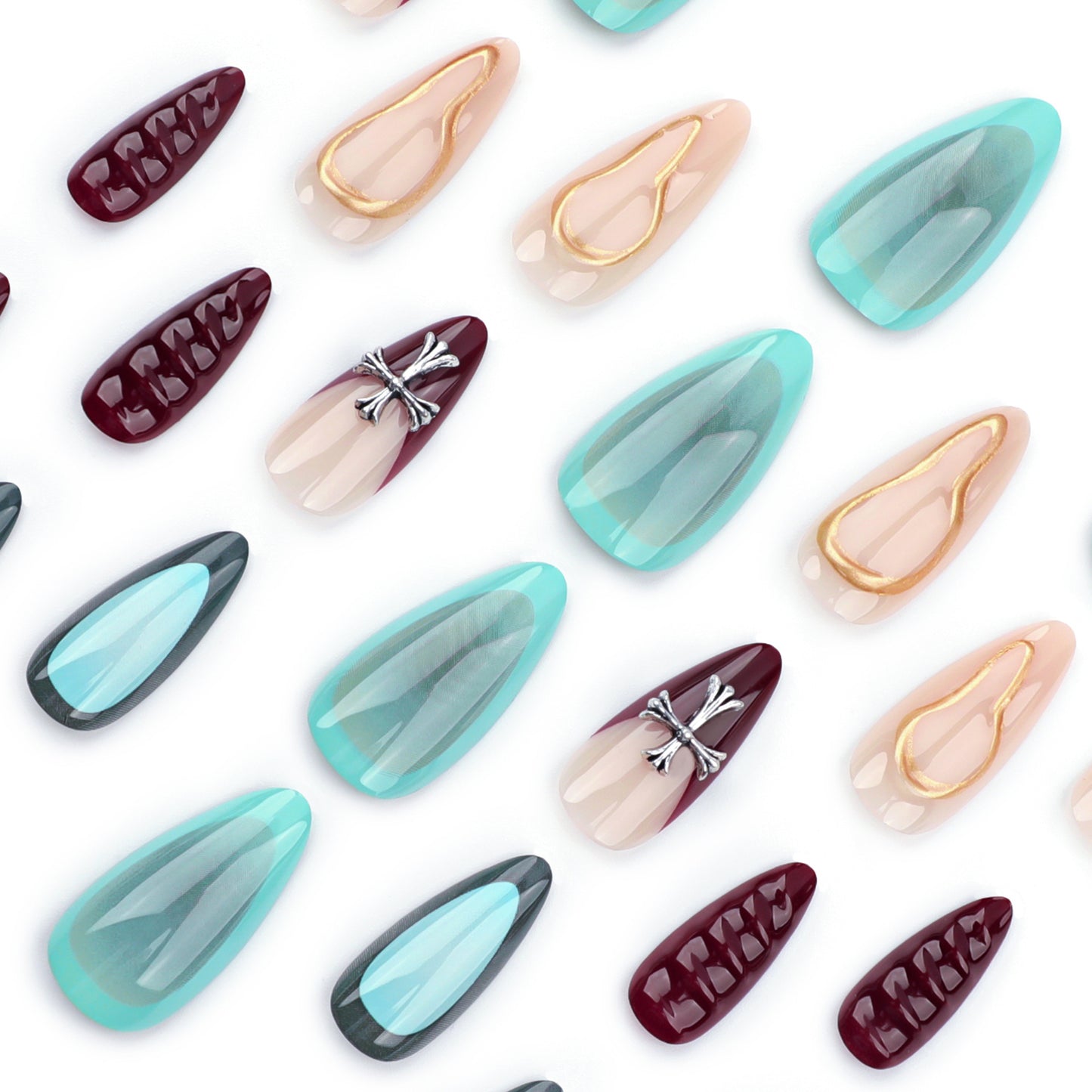 Bohemian Chic Medium Almond and Stiletto Press On Nail Set in Turquoise Beige Burgundy with Intricate Metallic Accents