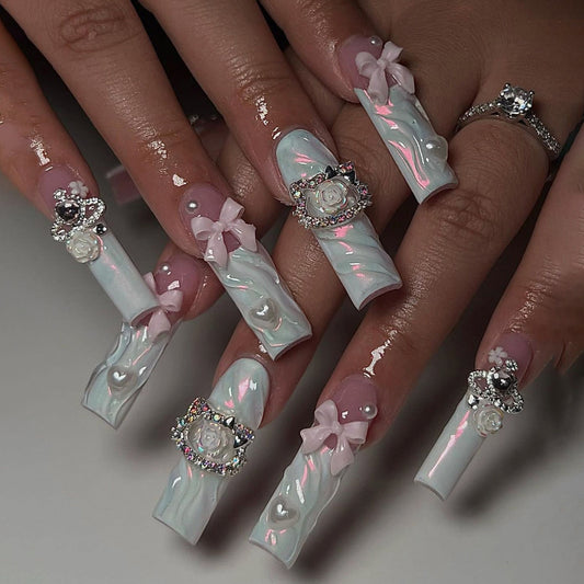 Whimsical Romance Long Square Baby Blue Press On Nail Set with Pearl and Bow Accents