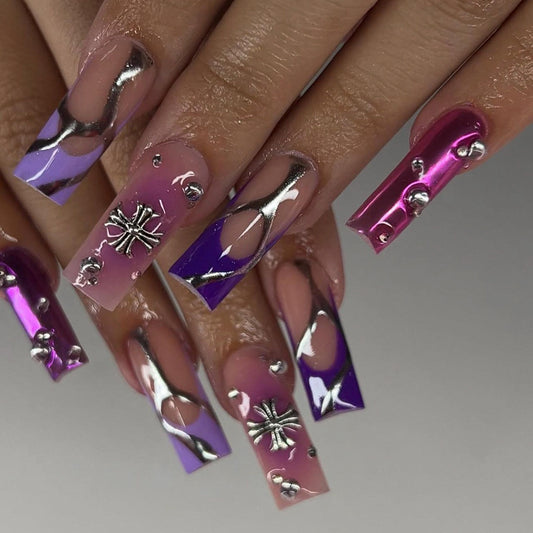 Glamorous Midnight Vibe Long Square Purple and Pink Press On Nail Set with Metallic Designs and Unique Stone Accents