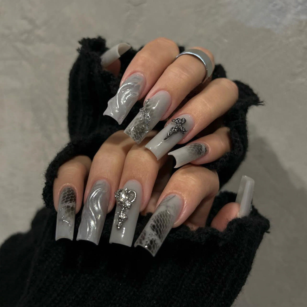 Gothic Elegance Long Square Gray Press On Nail Set with Unique 3D Silver Charms and Textured Finish