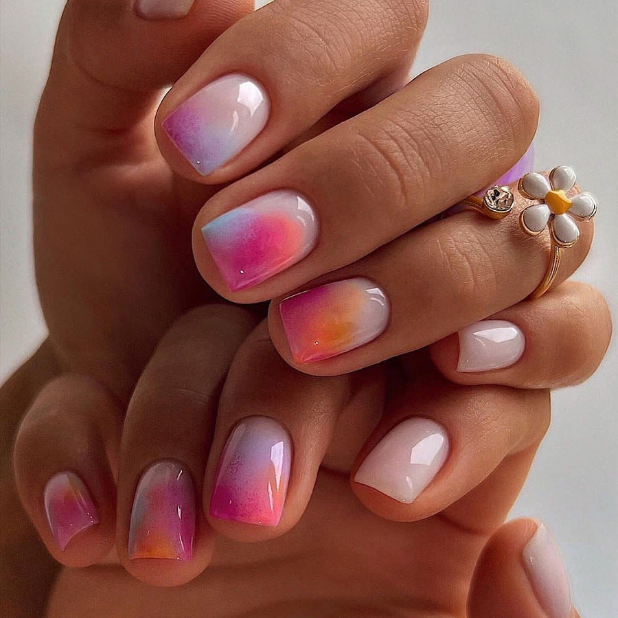 Dreamy Sunset Square Short Press On Nail Set with Ombr√© Pink and Purple Color Shift Feature