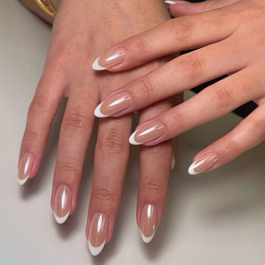 Elegant Chic 10 Long Almond Press On Nail Set in Beige and White with French Tip Design