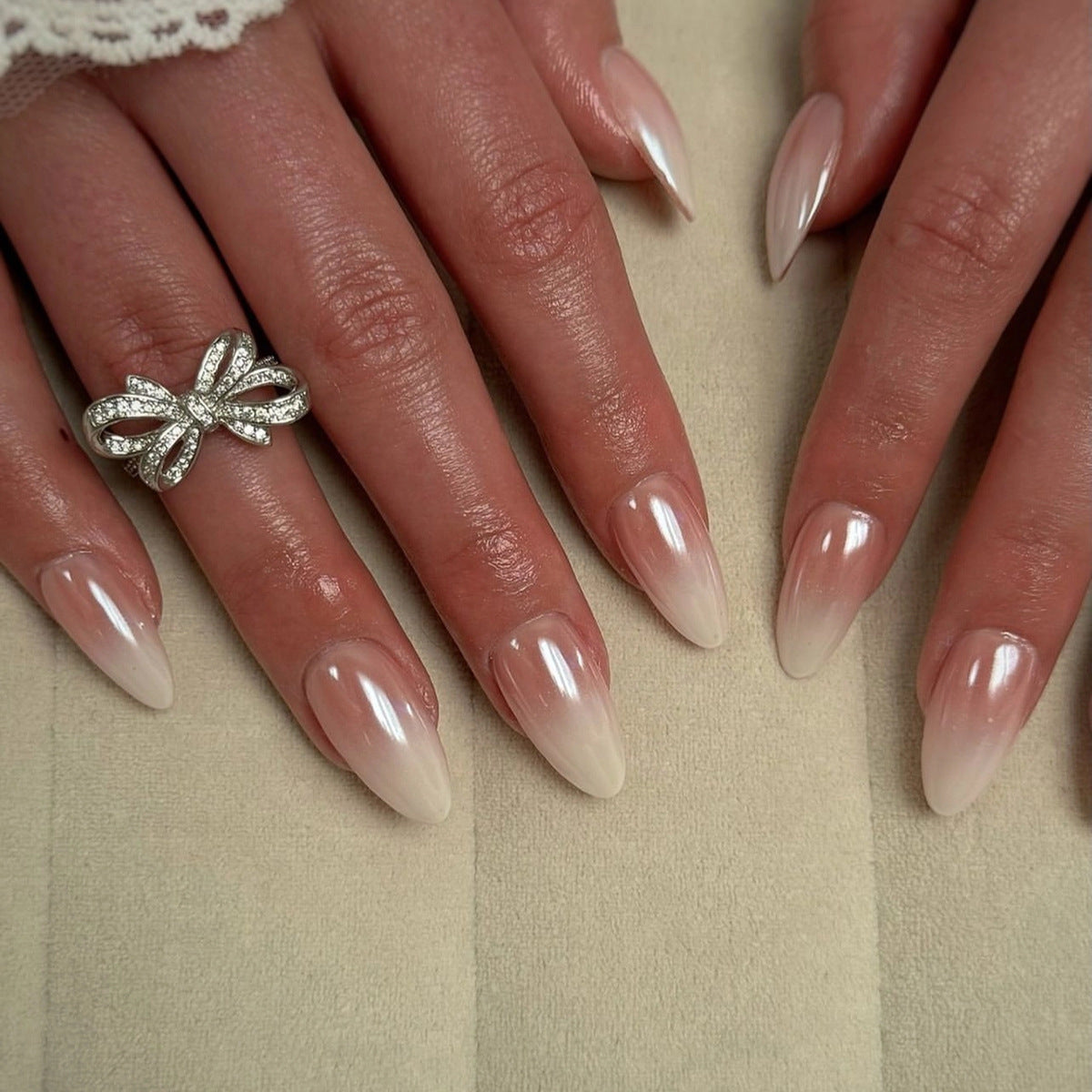 Glamorous Dreamy Long Almond Press on Nail Set Ombre Beige with Elegant Shine