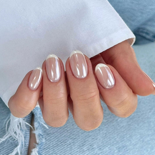 Elegant Bliss Medium Oval Beige Press On Nail Set with White Tips Featuring Glossy Finish