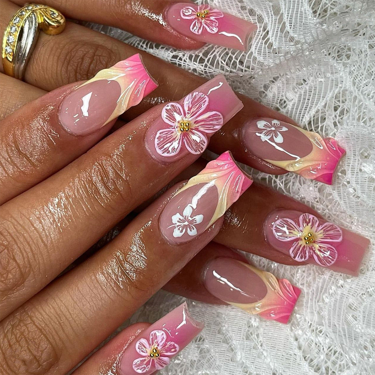 Tropical Paradise Long Square Pink Floral Press On Nail Set with Glitter Accents