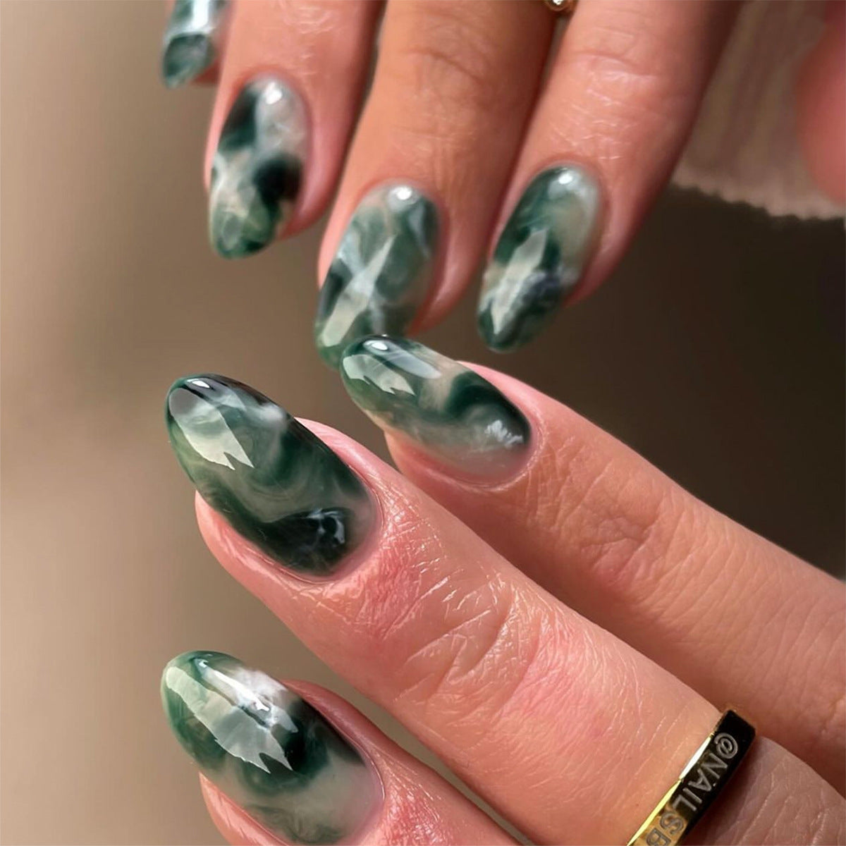 Mystical Forest Long Almond Green Ombre Press On Nail Set with Swirling Marble Effect