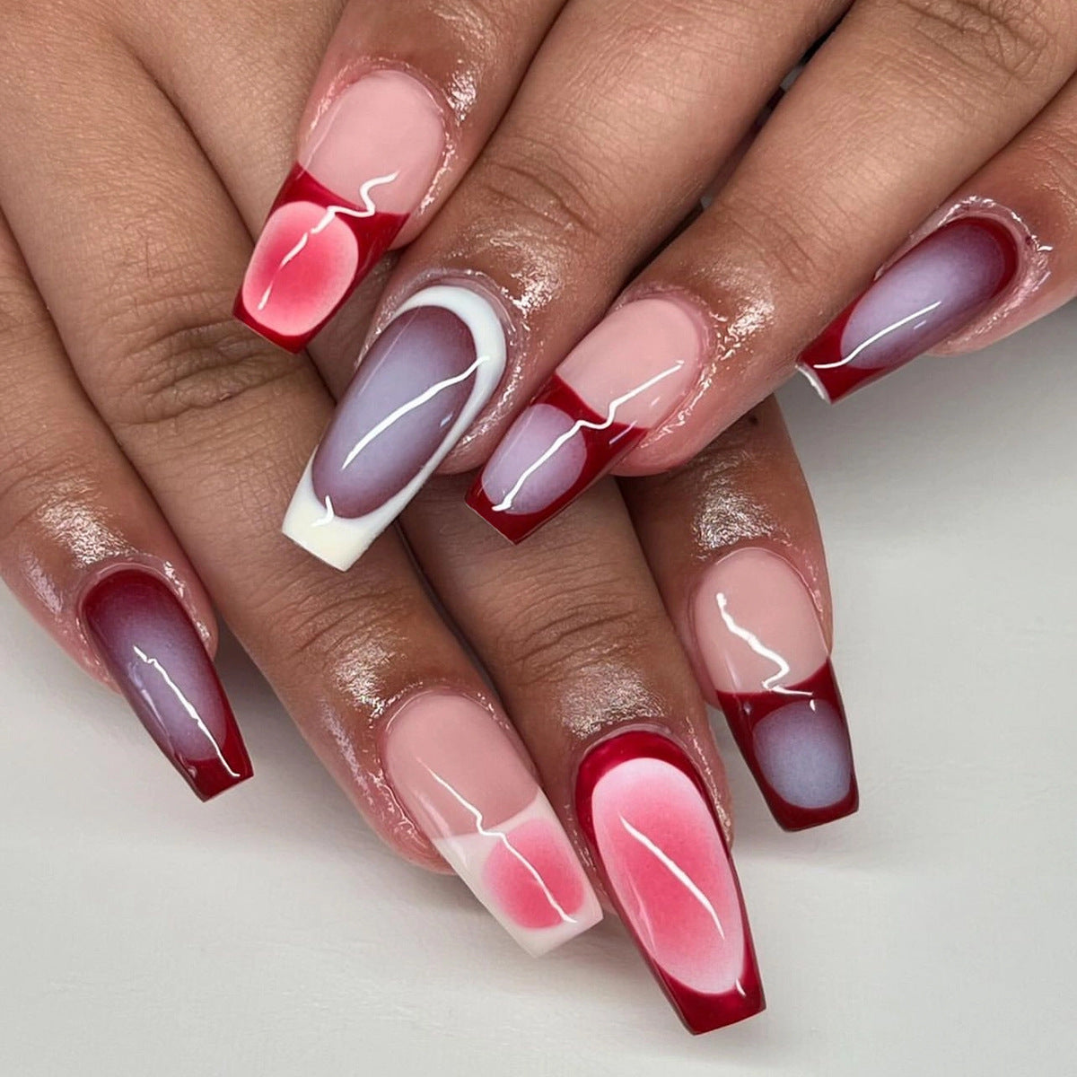 Romantic Sunset Extra Long Coffin Press On Nail Set Red Pink Gray Ombre with Unique Artistic Line Design