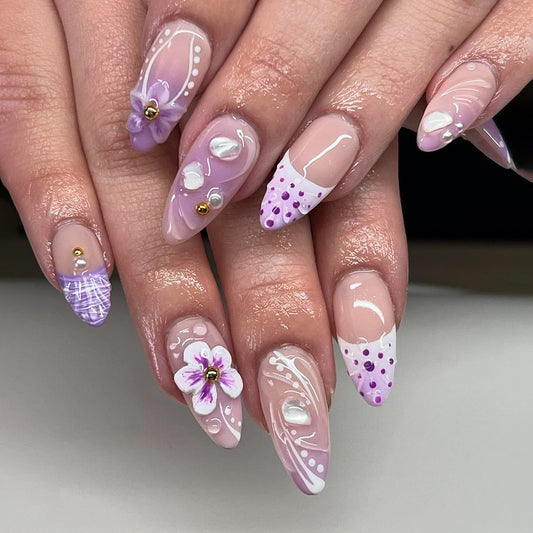 Floral Elegance Long Almond Lavender and Pink Press On Nail Set with Glitter and Gemstone Accents