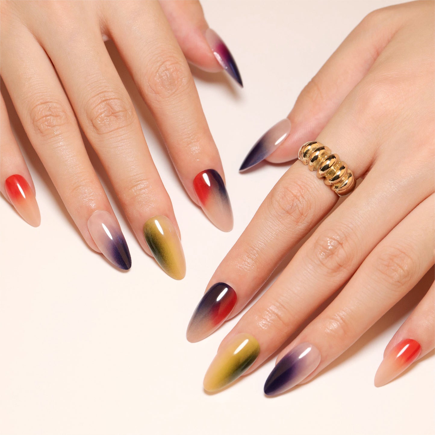 Bohemian Dream Long Almond Ombre Press On Nail Set in Red Yellow Green and Purple Gradient Colors with Glossy Finish