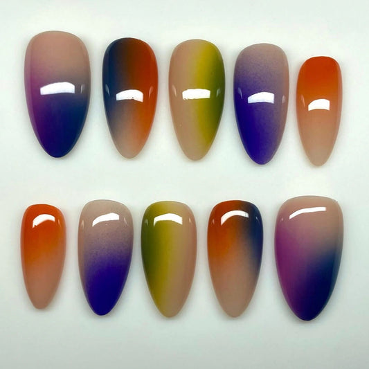 Mystical Gradient Press On Nail Set Long Almond Shape Multi-Colored Ombre Design