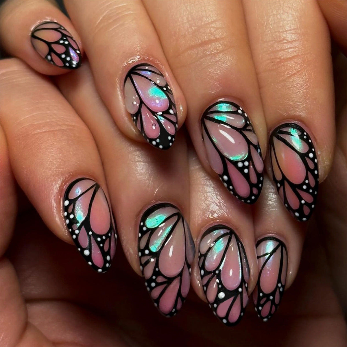 Butterfly Garden Long Almond Pink and Black Press On Nail Set with Iridescent Detailing