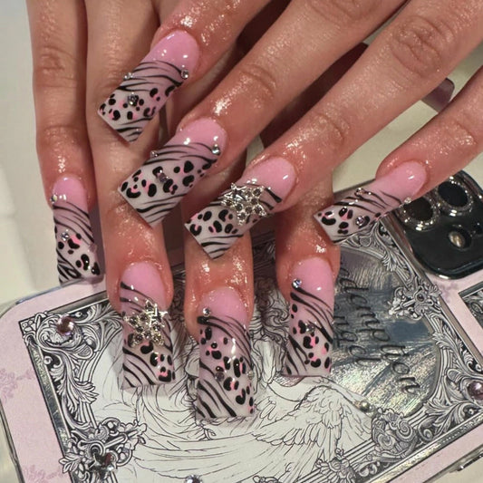 Fierce Animal Print Long Duck Press On Nail Set in Pink with Zebra Stripes and Sparkling Gems