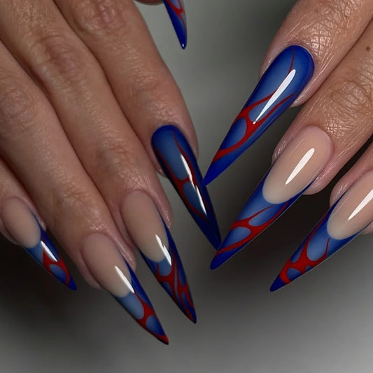 Marvelous Fire and Ice Long Stiletto Press On Nail Set Blue Red with Unique Flame Design